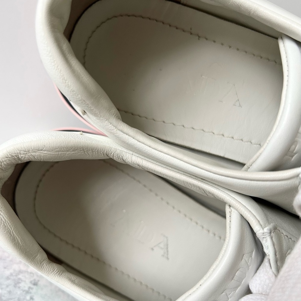 PRADA Womens Vitello Soft 3 Low Profile White/Pink Leather Sneakers, 37.5 - Picture 11 of 13